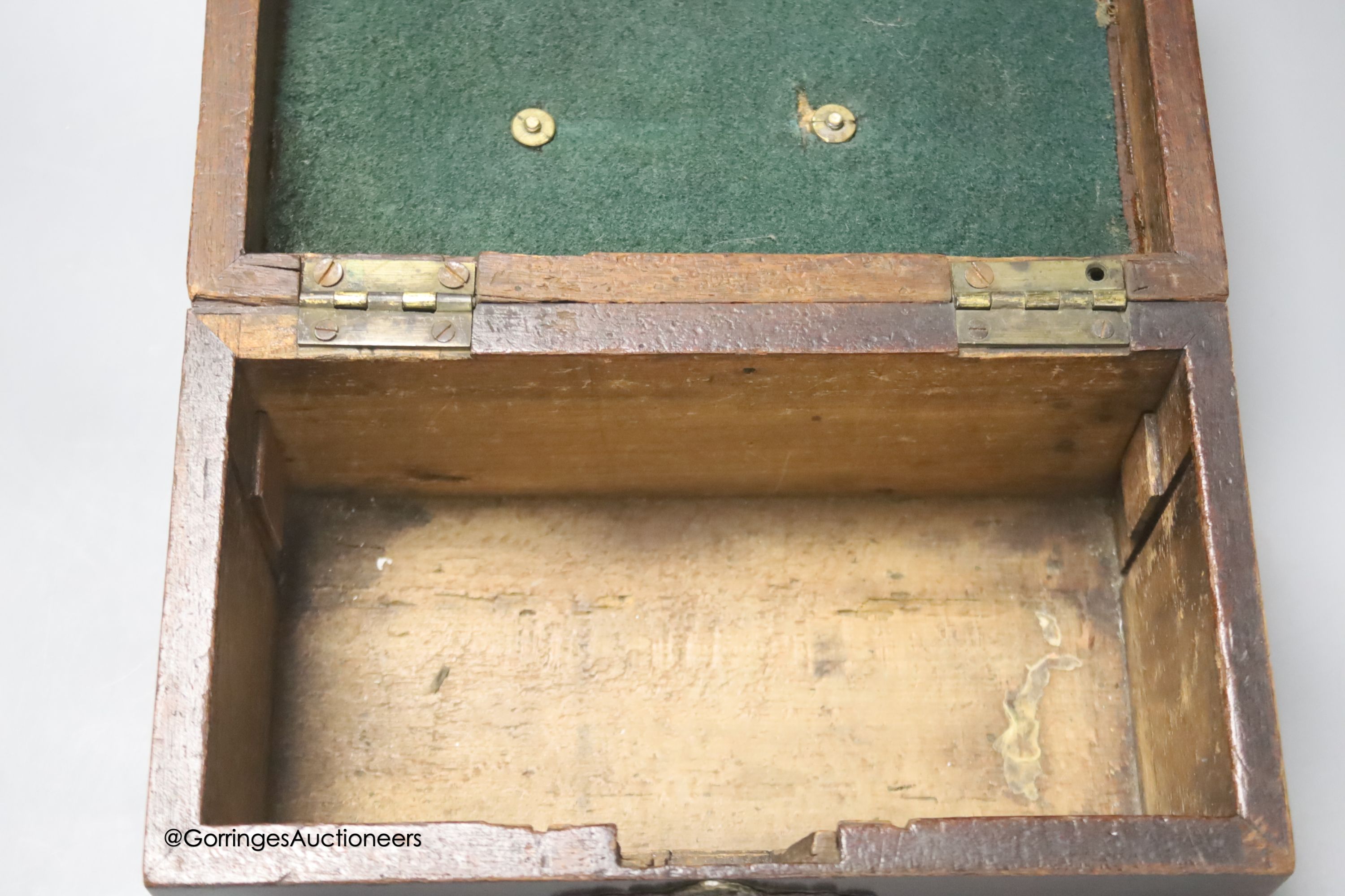 A mid 18th century mahogany tea caddy, 24cm, a rosewood cruet stand, one other box and a mallet with elm head